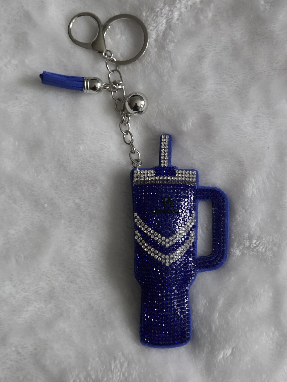 Dark Blue Rhinestone Tumbler Keychain with Tassel Stanley Bag Charm